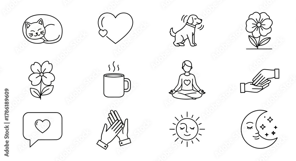 Fototapeta premium Line art icons representing diverse themes: affection, nature, spirituality and everyday objects