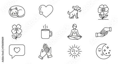 Line art icons representing diverse themes: affection, nature, spirituality and everyday objects