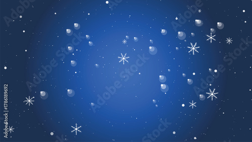 Snowflakes and snow dots falling on a dark blue winter night background