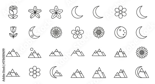Collection of Nature-Inspired Line Art Icons Featuring Flowers, Mountains, and Crescent Moons