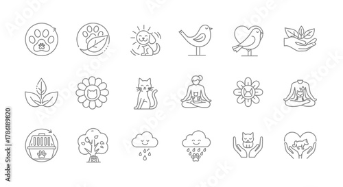 Collection of linear icons, embodying care for animals, plants, and environmental well-being