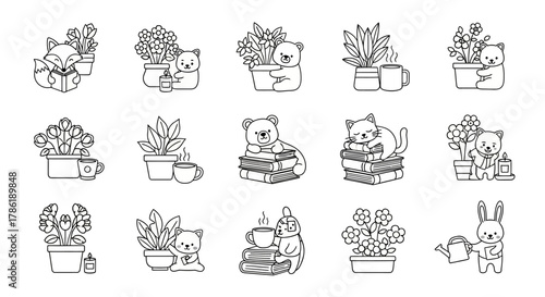 Collection of adorable cartoon animals enjoying plants and books in whimsical style