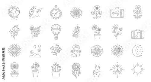 Minimalist outline icons depicting travel, nature and freedom elements in light gray isolated on a