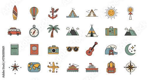 Delightful set of hand-drawn icons representing various travel vacation and adventure themes
