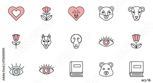Collection of charming outline illustrations featuring animals, hearts, flowers, eyes, and a book