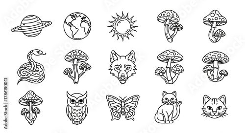 Assortment of magical creatures, celestial bodies, and plants whimsical line art drawing