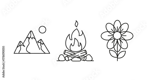 Minimalist icons showcasing adventure elements: mountains, campfire and daisy outdoor serenity