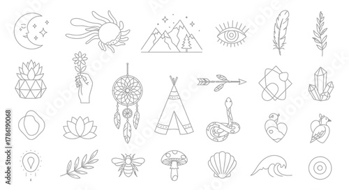 Collection of line art icons and symbols representing nature and spiritual concepts