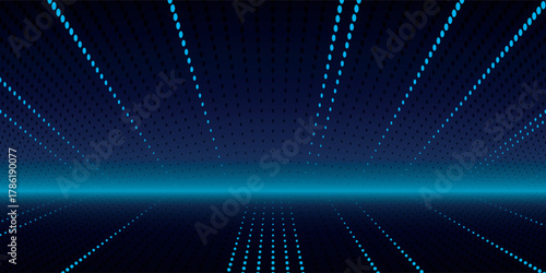 Futuristic Digital Grid Background with Glowing Blue Dots and Horizon Line Abstract Technology.