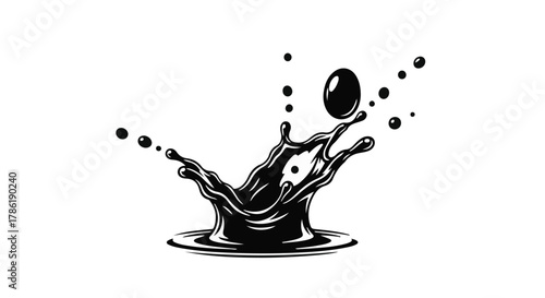 Dynamic black liquid splash with a single drop rising against a clean white background.
