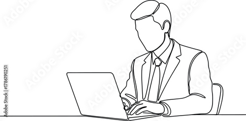A minimalist line drawing of a businessman wearing a suit and hat, sitting at a desk and typing on a laptop. The drawing is in black and white with a clean, modern aesthetic.