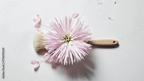 Paintbrush with pale pink flower and petals on white. Soft light, clean composition