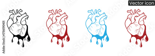 Dynamic anatomical heart graphics in multiple colors with dripping liquid, perfect for medical, wellness, or emotional concept projects. Versatile and visually impactful.