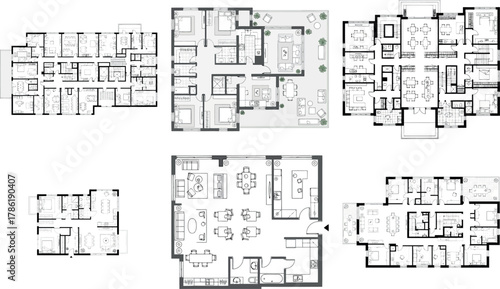 Compilation of six diverse floor plans for residential units