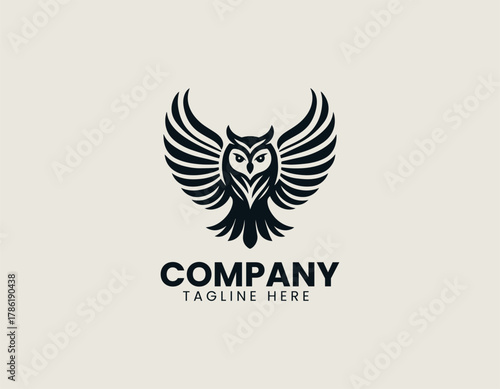 Majestic owl silhouette vector logo illustration with powerful, symmetrically spread wings and detailed feather texture. Wisdom and power concept