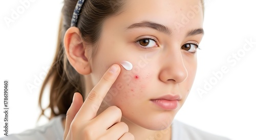 Young woman applying cream to a blemish on her cheek, focusing on skincare and acne treatment.