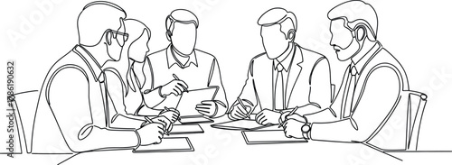 A line art illustration depicts four people seated around a table, engaged in conversation or a meeting. The style is minimalist, focusing on outlines and basic forms to represent the figures 