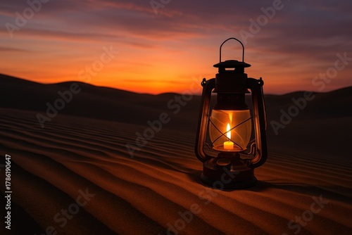 Fototapeta Naklejka Na Ścianę i Meble -  A lit lantern illuminates desert sand dunes at sunset, guiding light, desert landscape, outdoor adventure