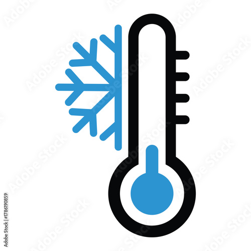 A vector icon of a thermometer with the temperature indicating cold, represented by a low blue liquid level and an adjacent blue snowflake. Symbolizes cold weather, low temperature, freezing.