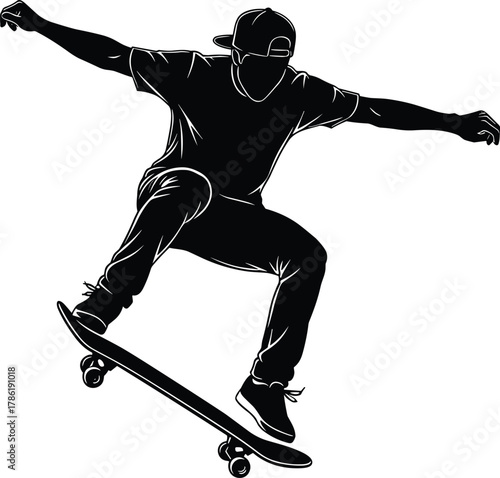 Skateboard trick silhouette, skateboarding jump, extreme sports illustration, urban street culture,
