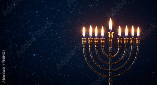 A glowing menorah with seven lit candles against a dark, starry night sky, symbolizing hanukkah traditions and celebrations