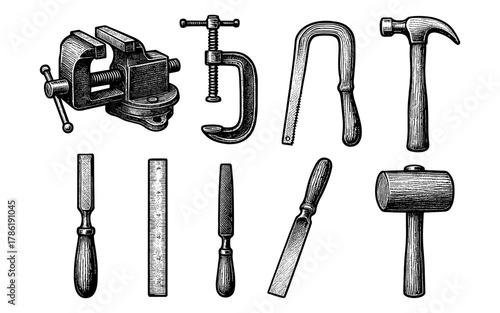 Vintage handcrafted tool collection with detailed engraving design