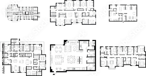 Set of six architectural floor plans for various building types