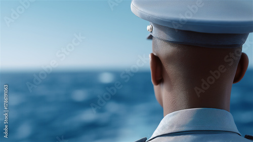 Rear view of naval officer looking at ocean horizon, concept of duty, leadership and maritime service.