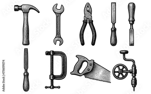 Vintage engraved hand tools collection for carpentry and diy projects