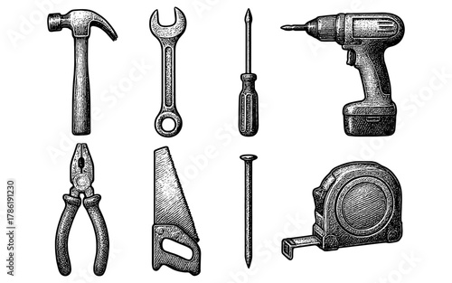 Vintage tool collection: retro hand tools in engraved style