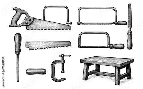 Vintage hand tools and woodworking bench in engraved style