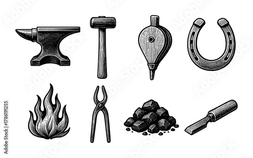Vintage blacksmith tools set with anvil, hammer, bellows, horseshoe, fire, tongs, coal, and chisel