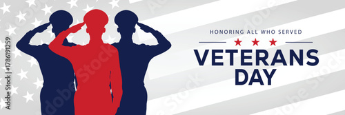 Veterans Day banner with a soldier silhouette saluting, flanked by American flags, set against a background of stars and stripes. Honors veterans and service members who served the USA.
