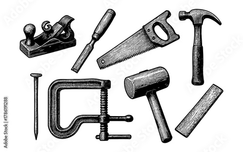 Retro engraving of vintage carpenter tools including saw, hammer, and chisel