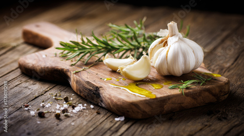Fototapeta Naklejka Na Ścianę i Meble -  Garlic cloves, rosemary, olive oil, and spices for cooking