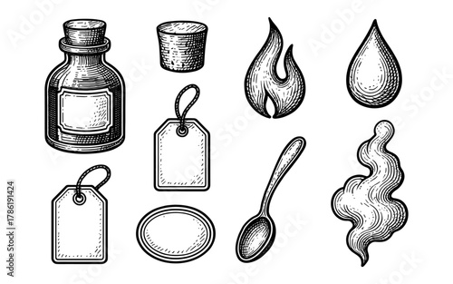 Vintage ink sketches of apothecary elements and labels