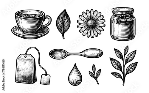 Vintage tea set with cup, jar, and floral elements in hand drawn style