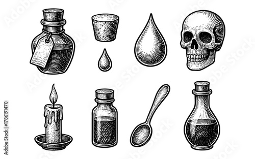 Vintage halloween engraving of skulls, potions, and candle with drop details
