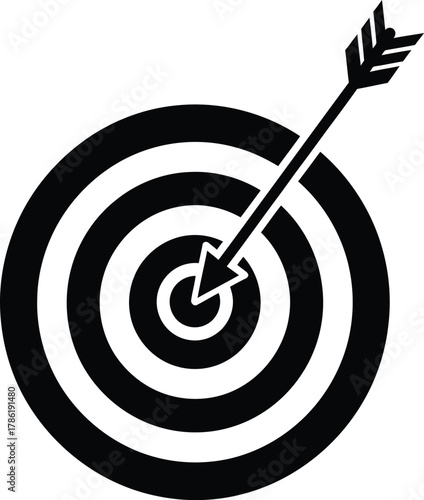 Black and white target with arrow hitting the bullseye icon Keywords: target, bullseye, arrow, dart