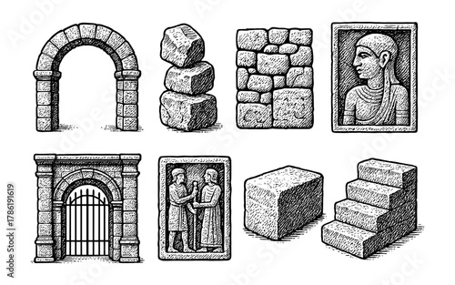 Ancient architecture elements: engraved stone structures and artifacts