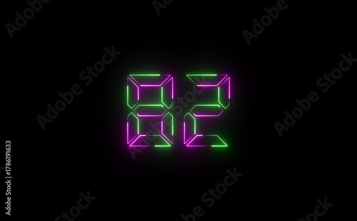 Neon glowing number eighty two with green and magenta outlines on a black background display