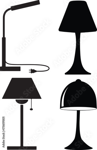 Collection Of Four Black Silhouette Table Lamps On White Background desk lamps floor lamps