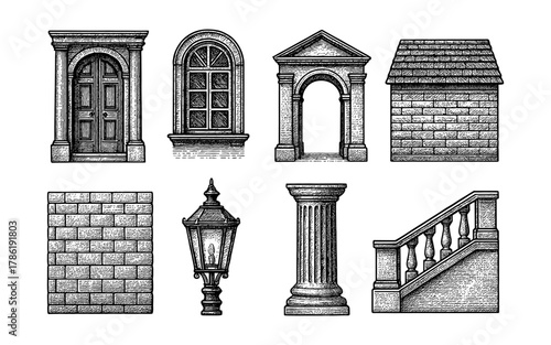 Vintage architectural elements in detailed engraving style set