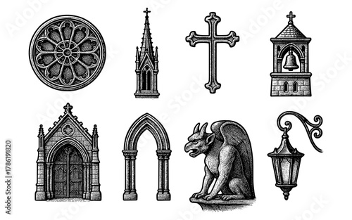 Gothic architecture elements collection with gargoyle and rose window in engraved style