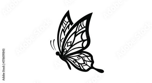 Elegant black and white stylized butterfly in flight, intricate wing pattern