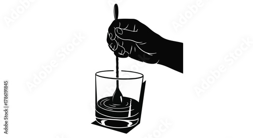 Hand stirring a dark liquid in a glass with a spoon, creating ripples