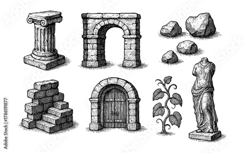 Vintage engraving of ancient architectural elements and classical sculptures
