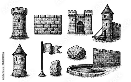 Medieval castle elements set featuring detailed towers, walls, and moat