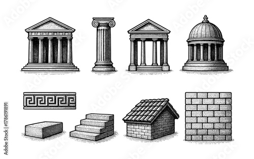 Classic architectural elements and structures in detailed vintage style