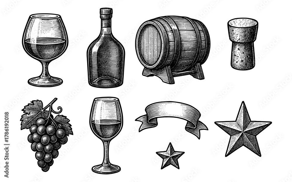 Obraz premium Vintage winery elements collection with wine glass, barrel, and grapes in engraved style